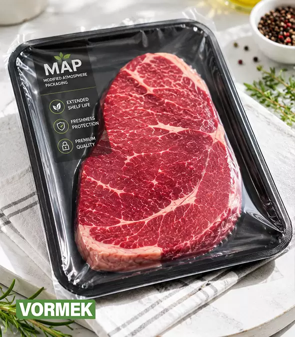 Vacuum-packed red meat prepared for cold-chain distribution